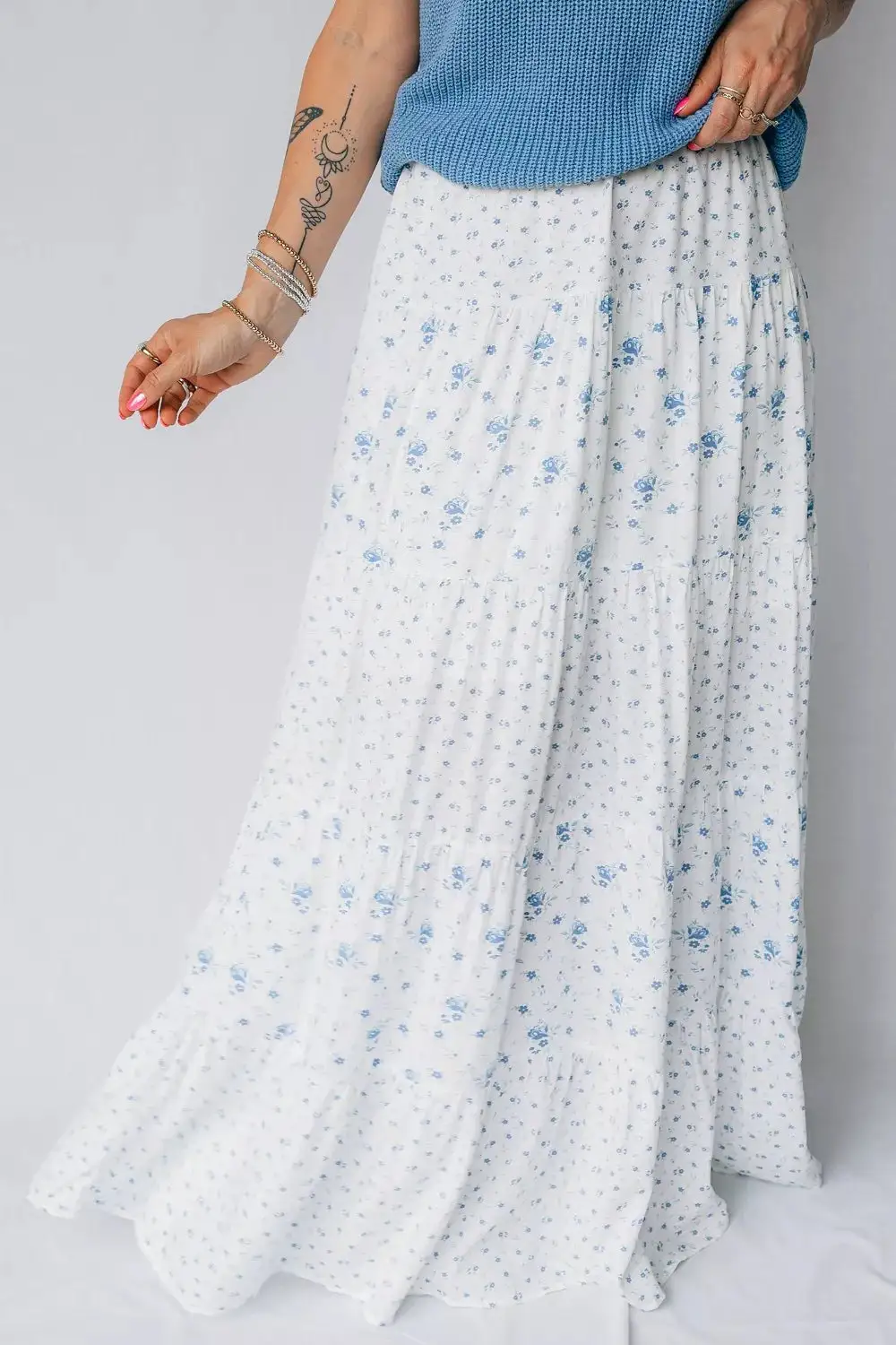 High Waist Tiny Floral Print Boho Maxi Skirt