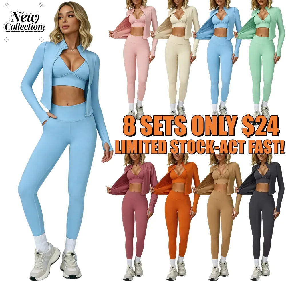 🔥Women's Yoga 3-Piece Jacket Leggings Set🔥8-Pack - All Colors Included, Only $24
