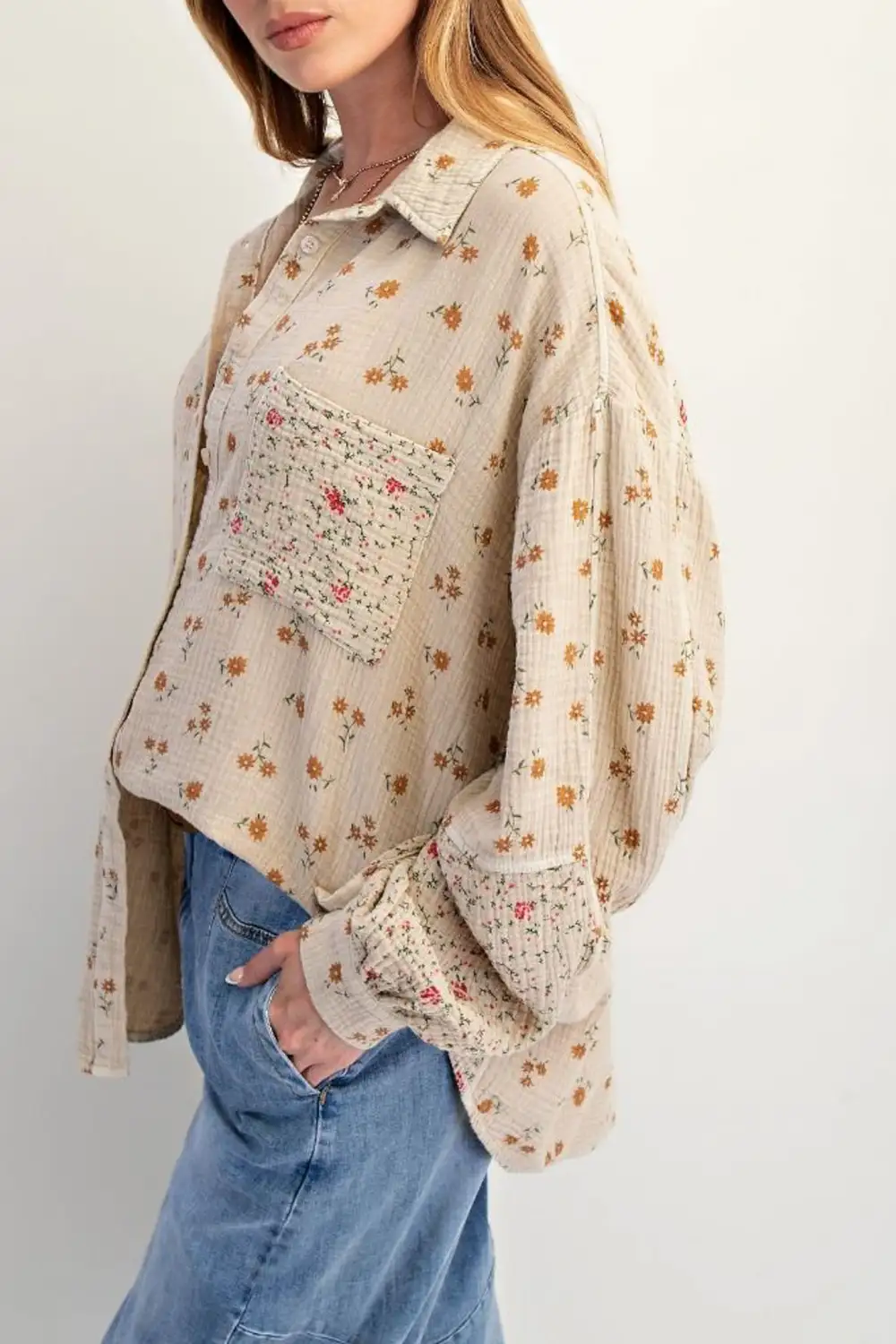 Floral Gauze Button Front Collared Button Down Shirt