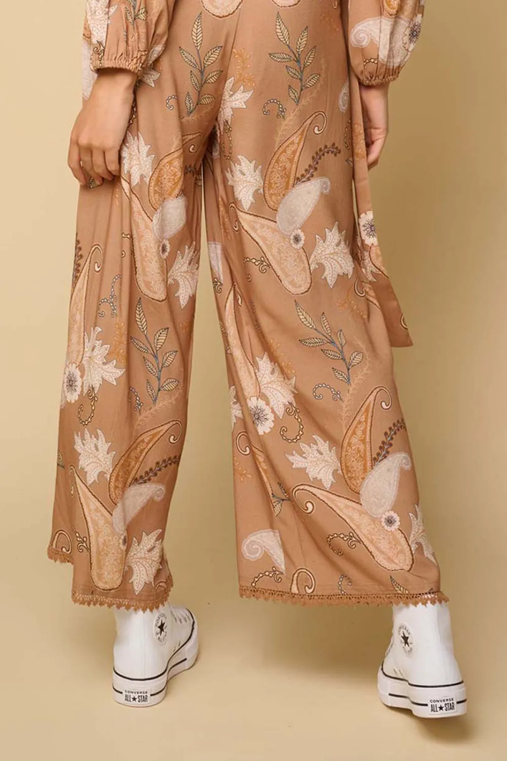 Tan Print Crop Top And Pants Set
