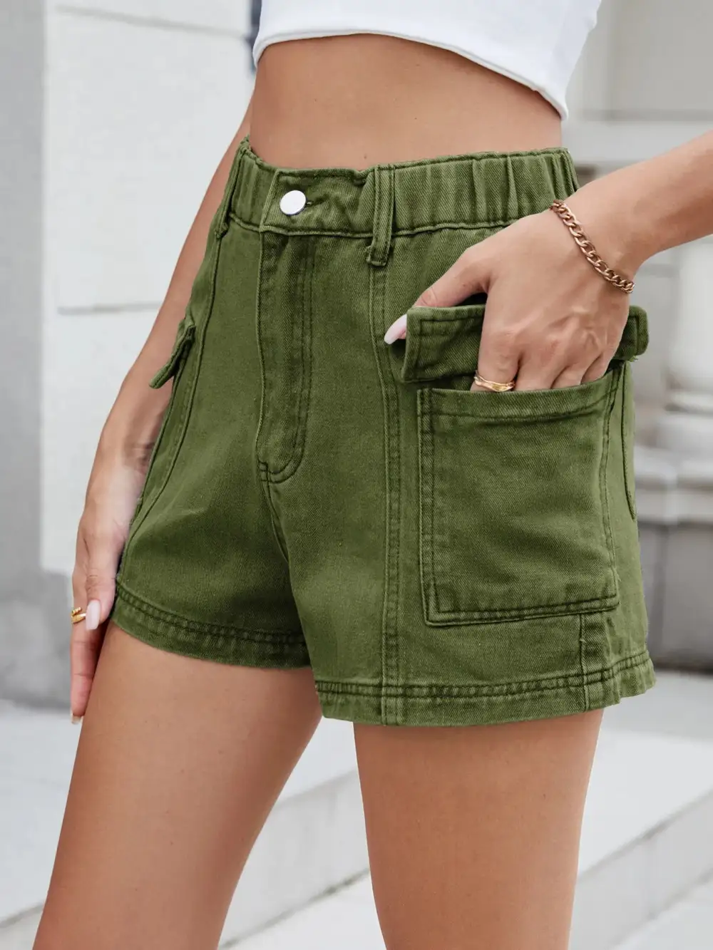 High-Waist Cargo Denim Shorts