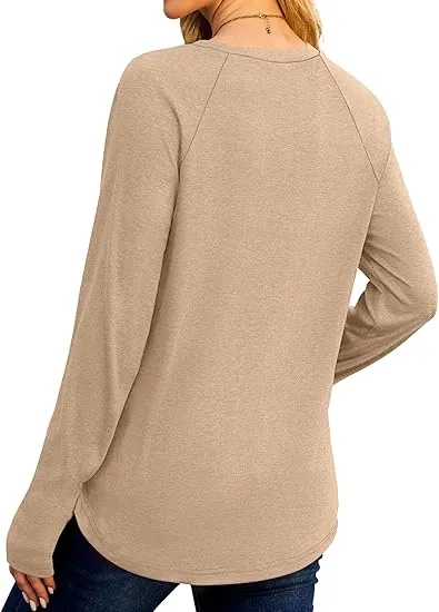 Womens Tunic Tops to Wear with Leggings Long Sleeve Thumb Hole Shirts Crew Neck Curved Hem