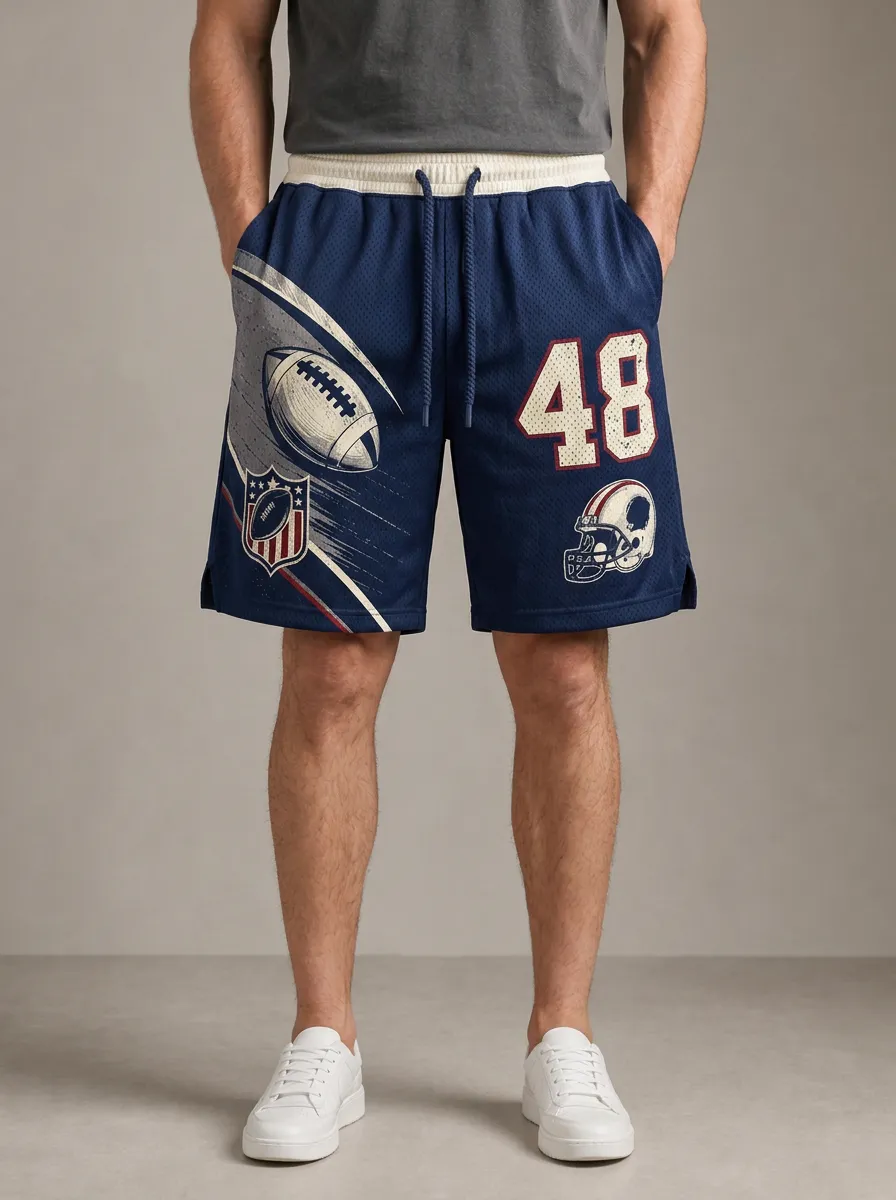 Men's American Football Lover 48 Number Helmet Printed Mesh Shorts