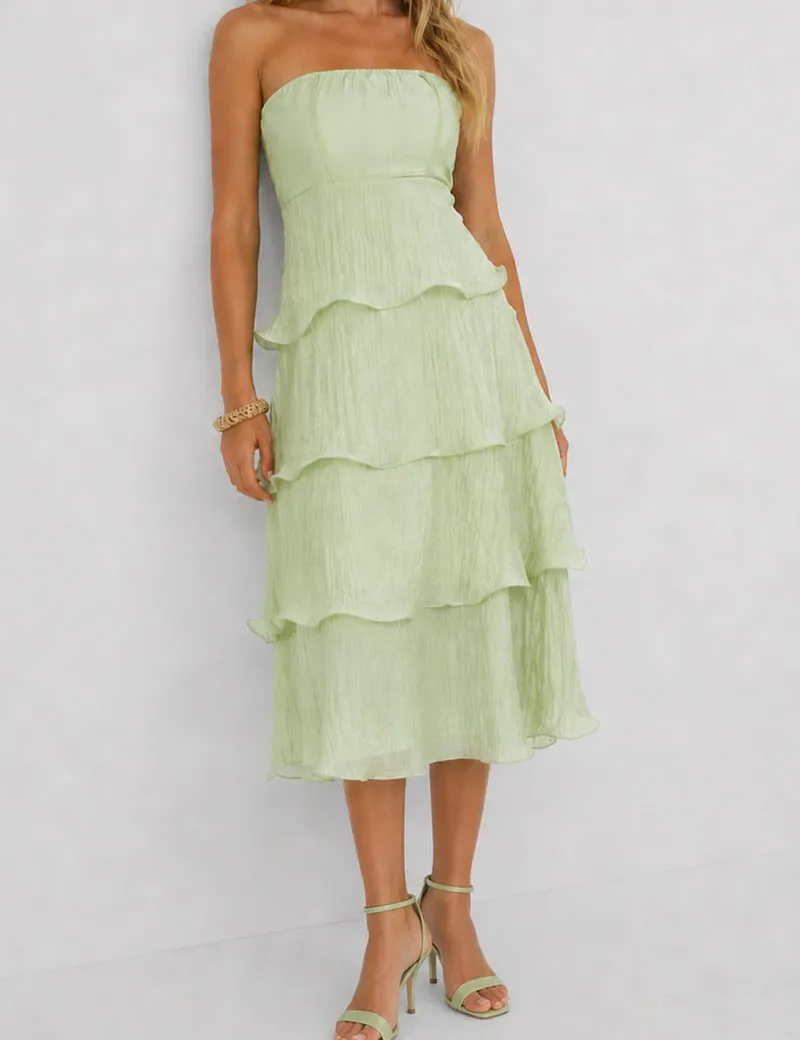 Chic Crinkle Strapless Tiered Ruffle Tube Midi Dress