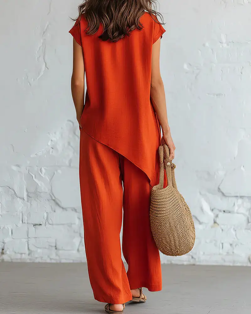 Asymmetrical Button Top and Wide-Leg Pants Lounge Set