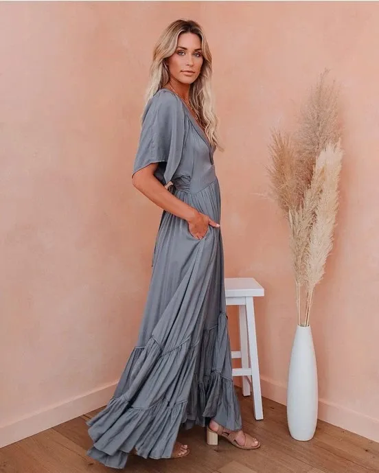 Bohemian Solid Color Long Dress Waist Trimming Fashion Skirt