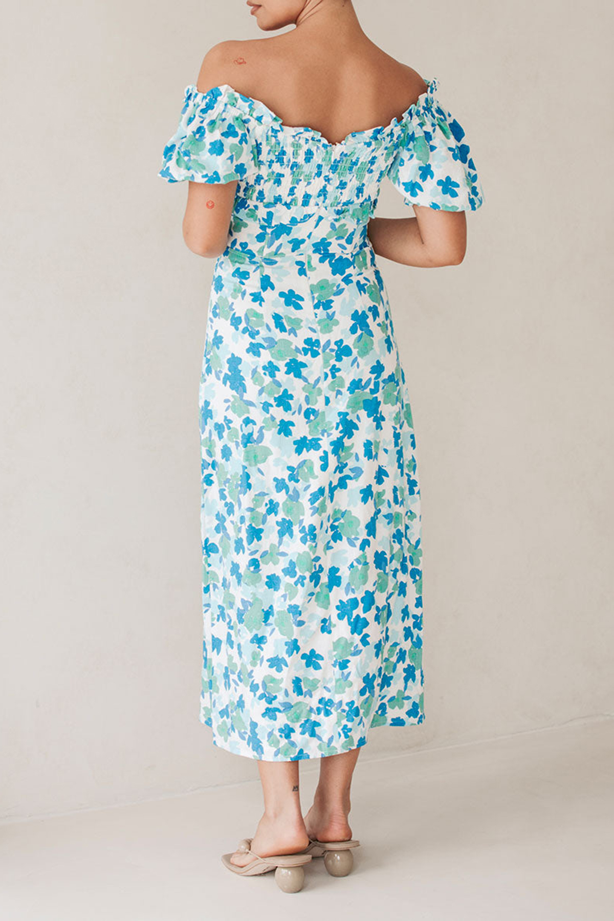 Off Shoulder Floral Print Midi Dress