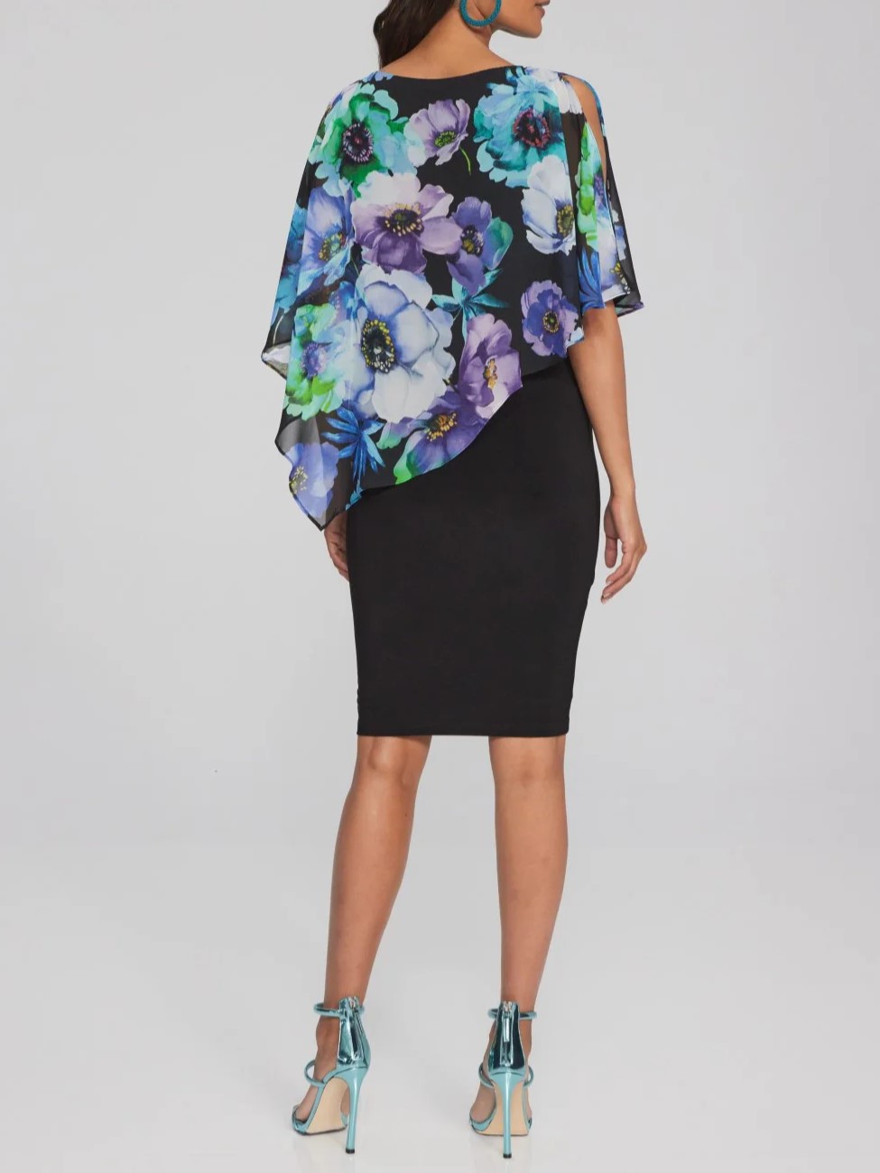 Black Multi - Floral Cape - Sleeve Dress