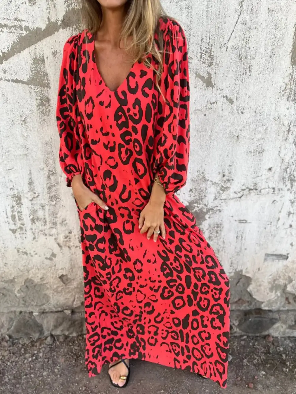 V-Neck Printed Midi Dress