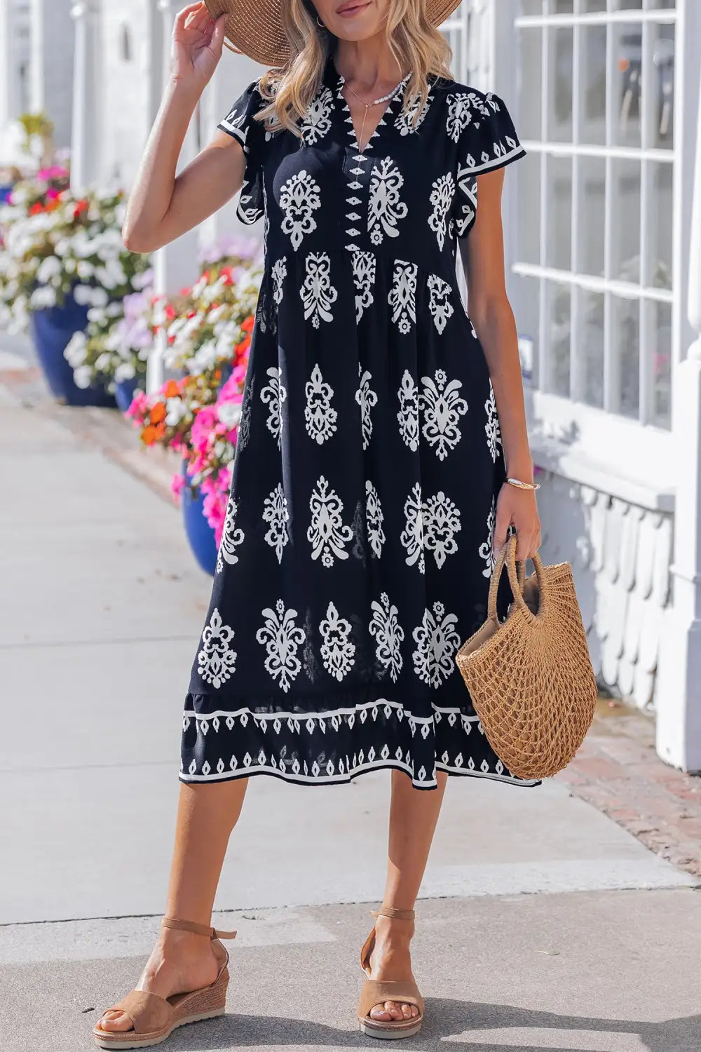 Printed Split Neck Short Sleeve Midi Dress