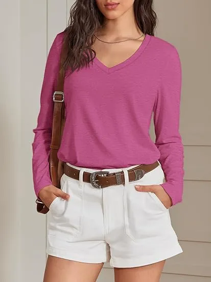 Women's V-Neck Long Sleeve Tee - Soft Curved Hem Top
