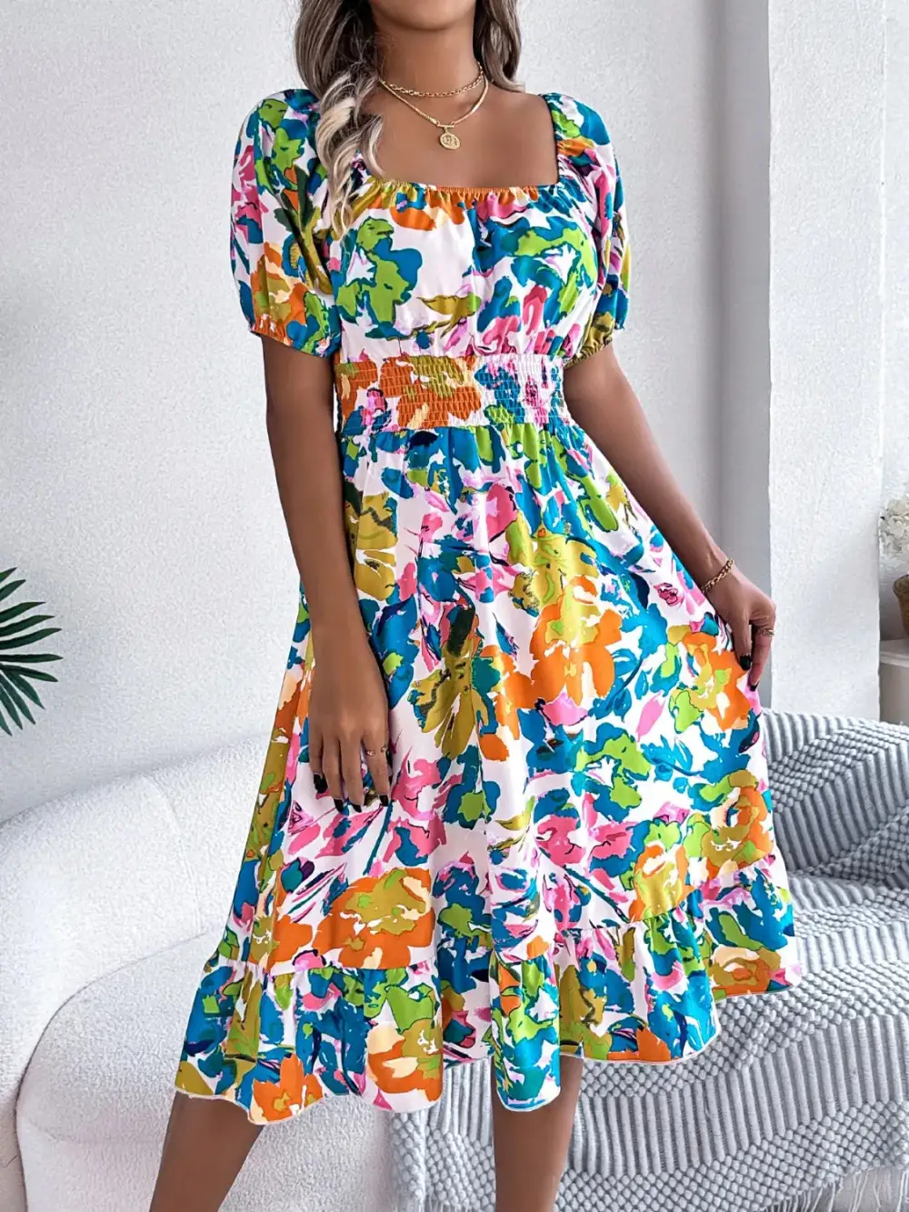 Textured Ruffle Trim Smocked Dress