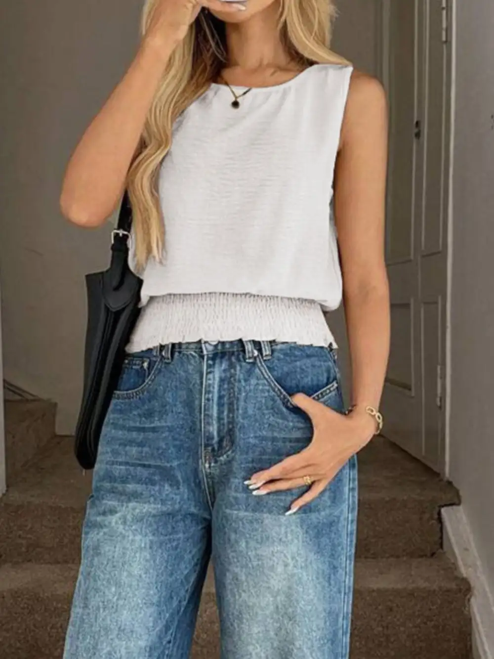 Smocked Waist Round Neck Tank