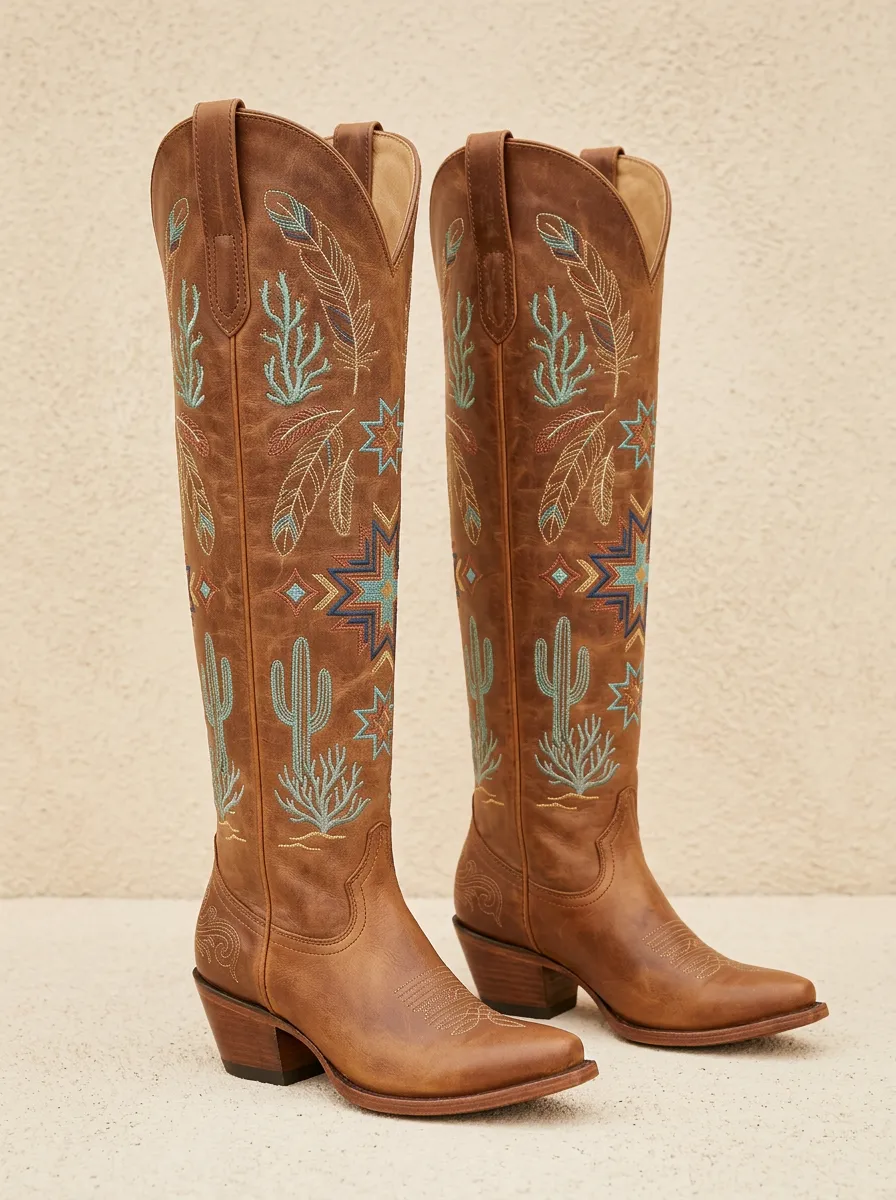 Women's Western Cactus Feather Star Embroidered Pointed-Toe Stacked-Heel Denim Over-the-Knee Boots