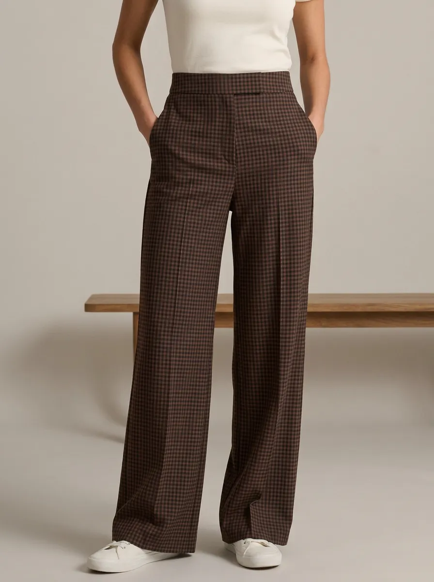 Wide-Leg Gingham Printed Women's Wide-Leg Pants