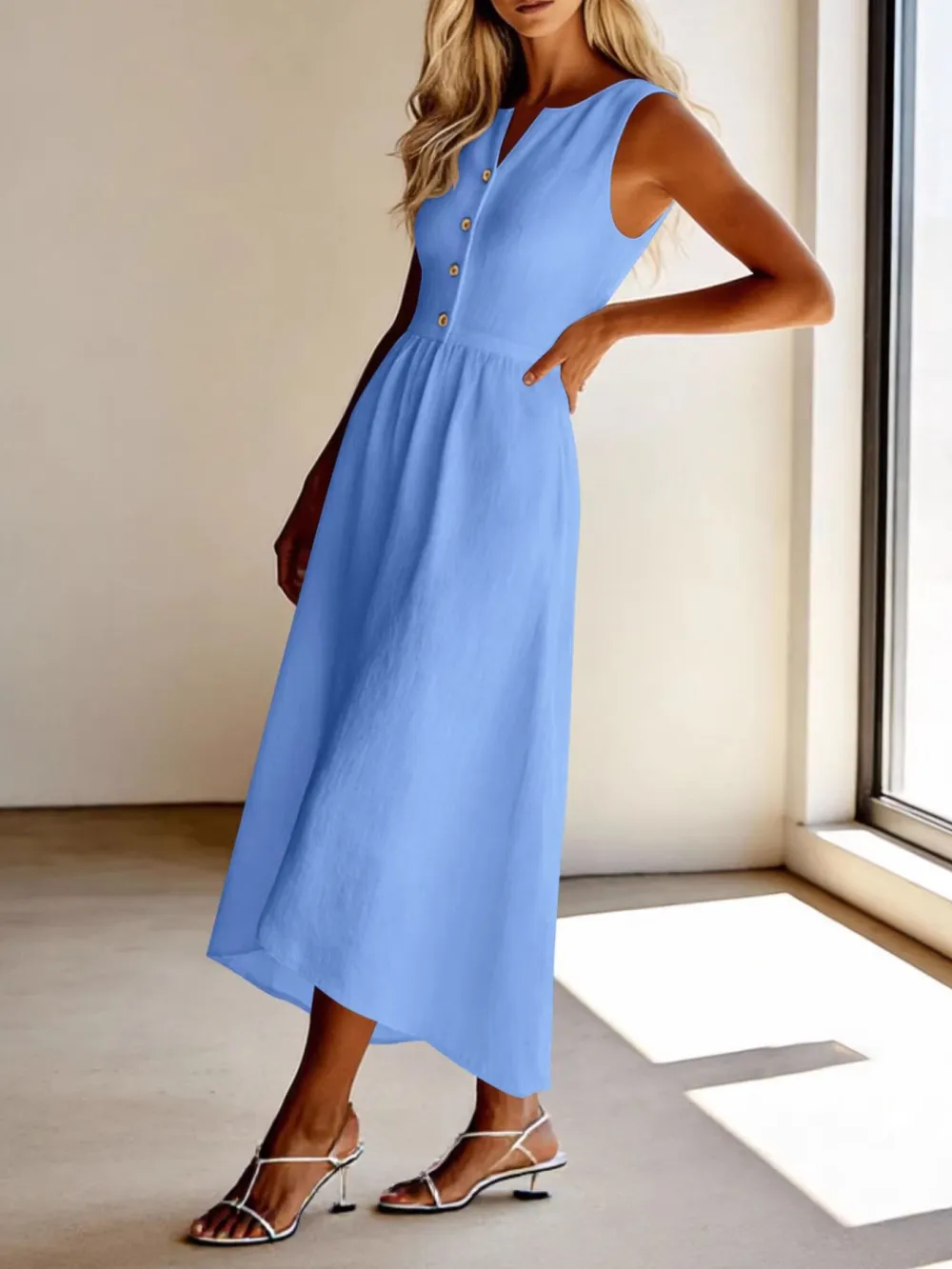 Clean Line Button Front Sleeveless Midi Dress