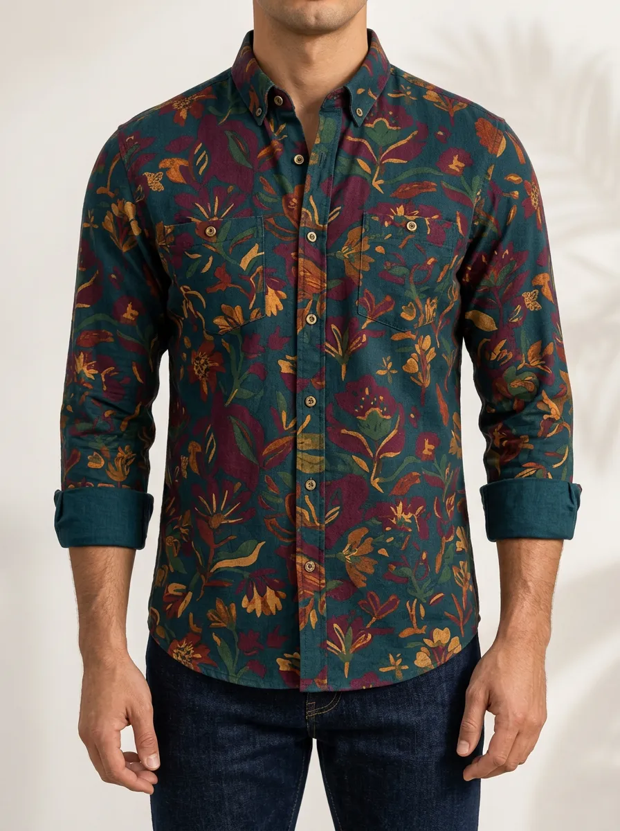 Men's Floral Botanical Vintage Button Down Long Sleeve Shirt
