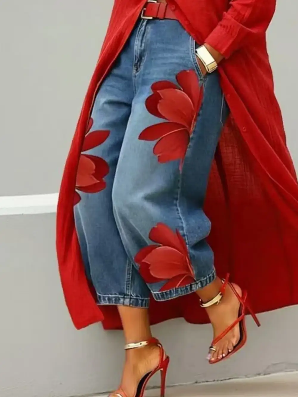 Floral Print Wide-leg Cropped Jeans