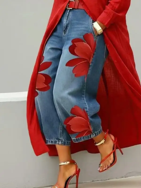 Floral Print Wide-leg Cropped Jeans