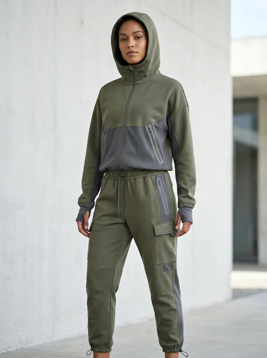 Zip-Up Hoodie Cargo Detail Colorblock Detail Unisex Zip Hoodie Tracksuit Set