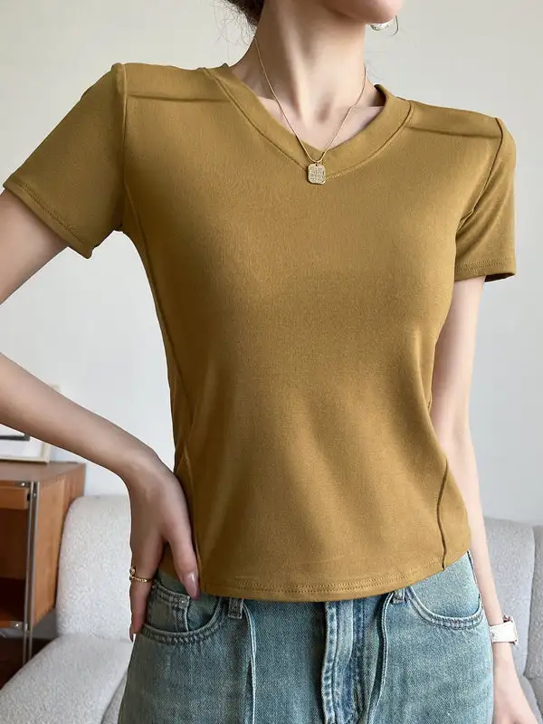Short Sleeve Slim Fit Panel Detail V-Neck T-Shirt