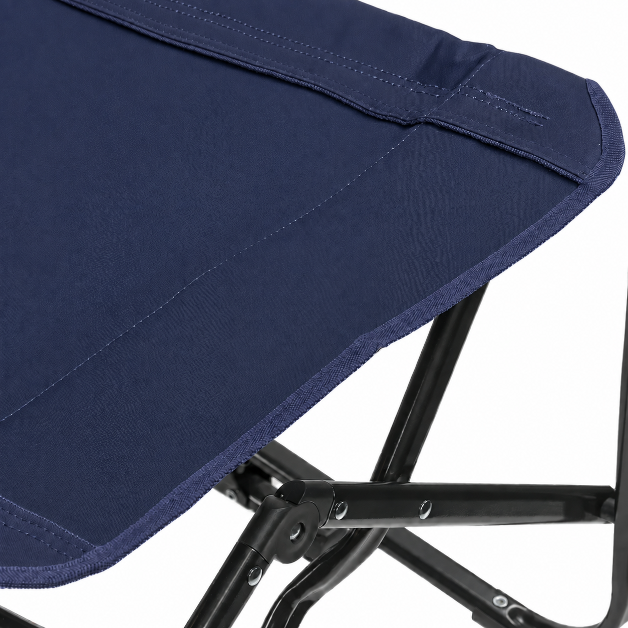 Close-up of the chair seat fabric, stitching and steel frame