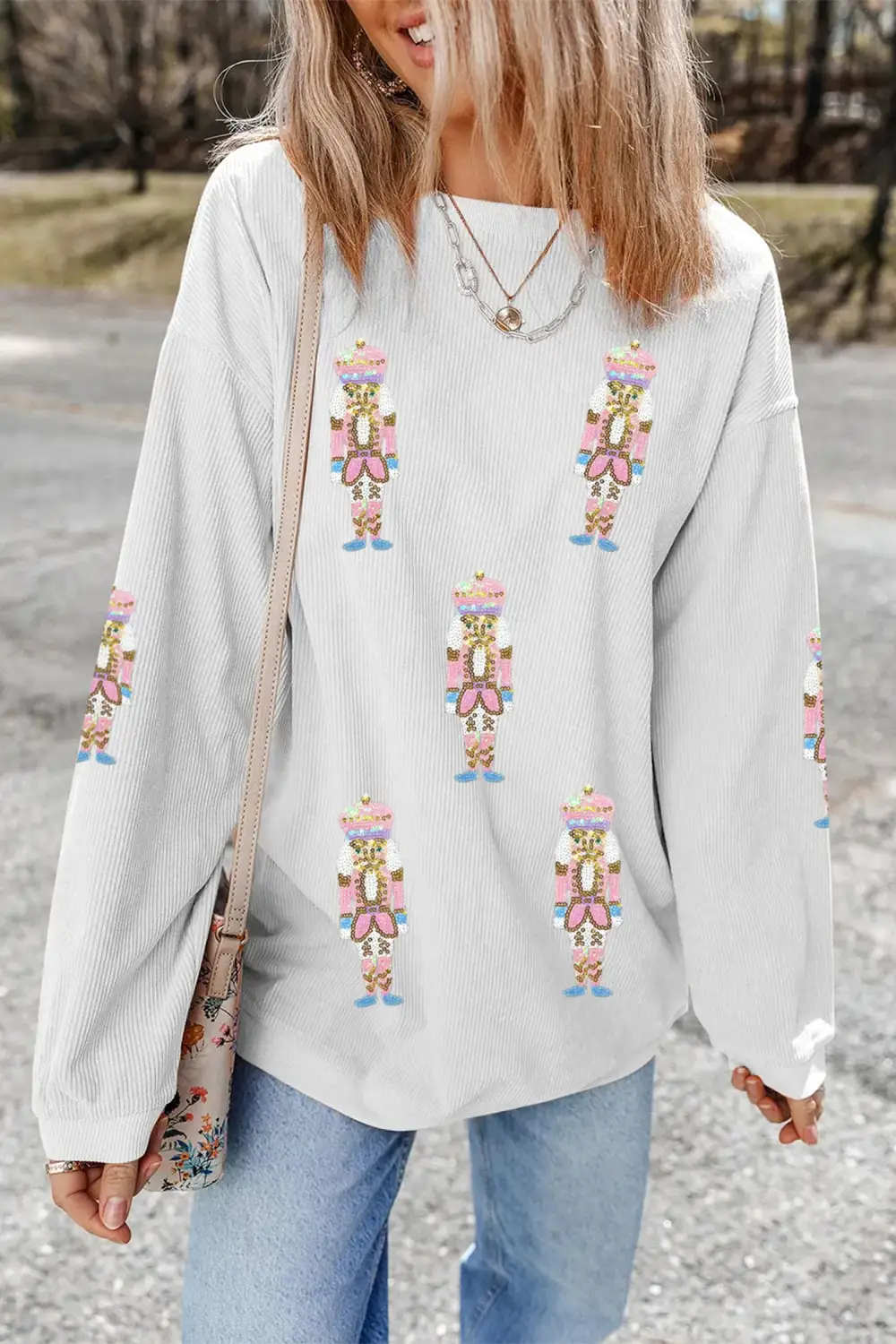Sequin Accent Patchwork Corded Sweatshirt