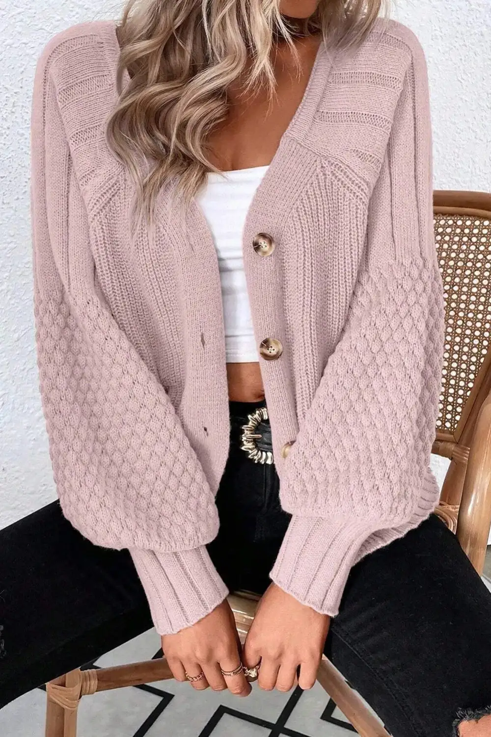 Mixed Texture Knit Button V Neck Cardigan