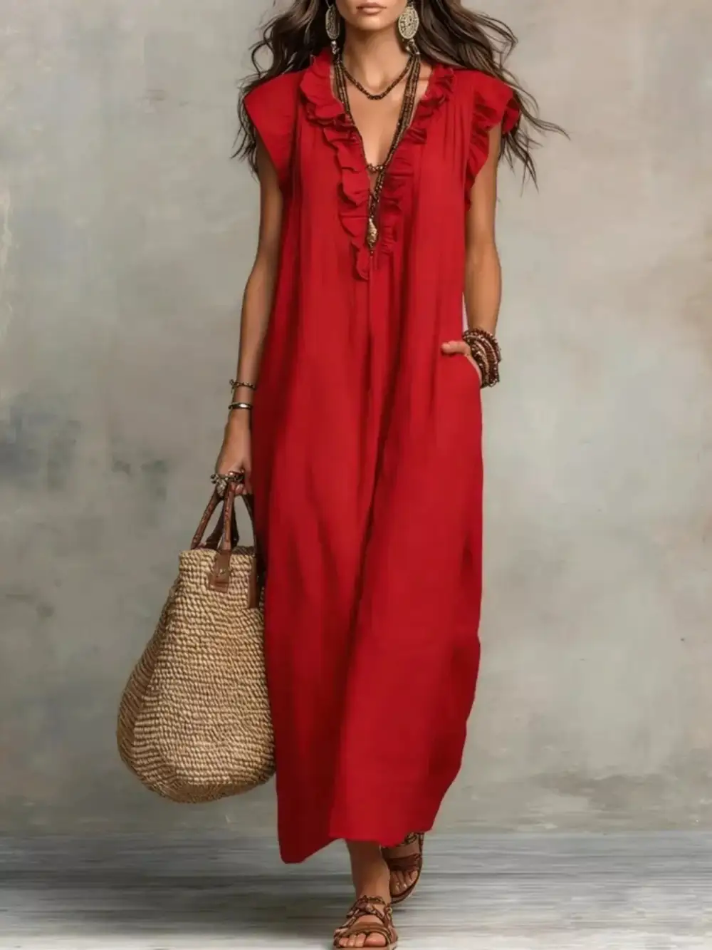 V-Neck Pocketed Maxi Dress