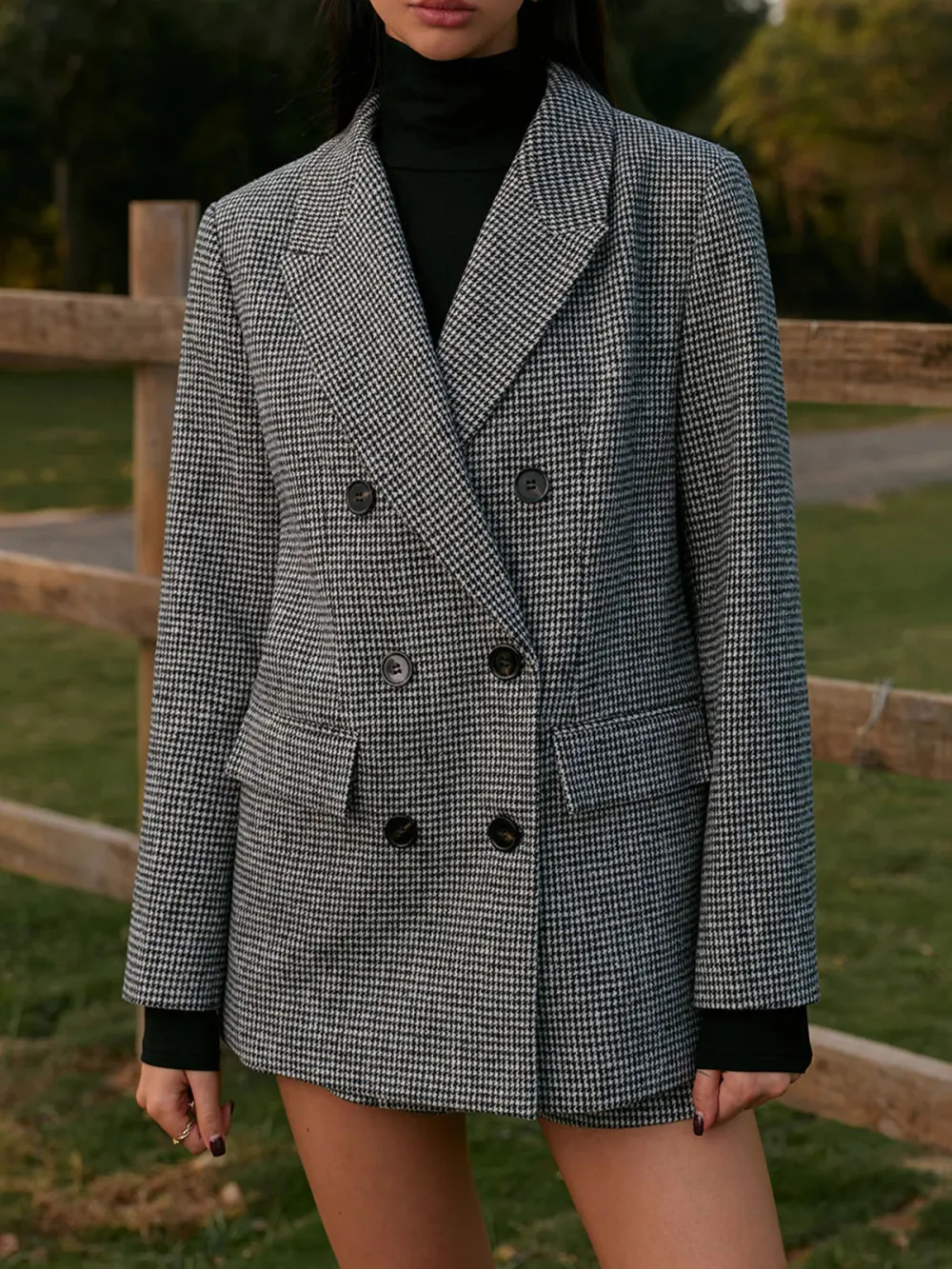 Tweed Houndstooth Button Up Blazer
