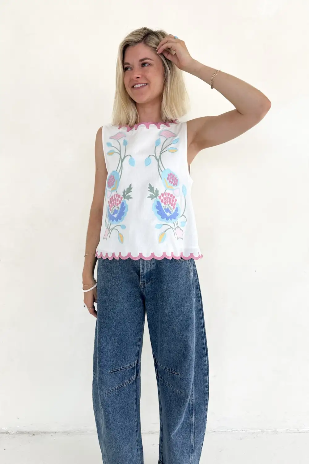 Modern Floral Embroidered Sleeveless Top