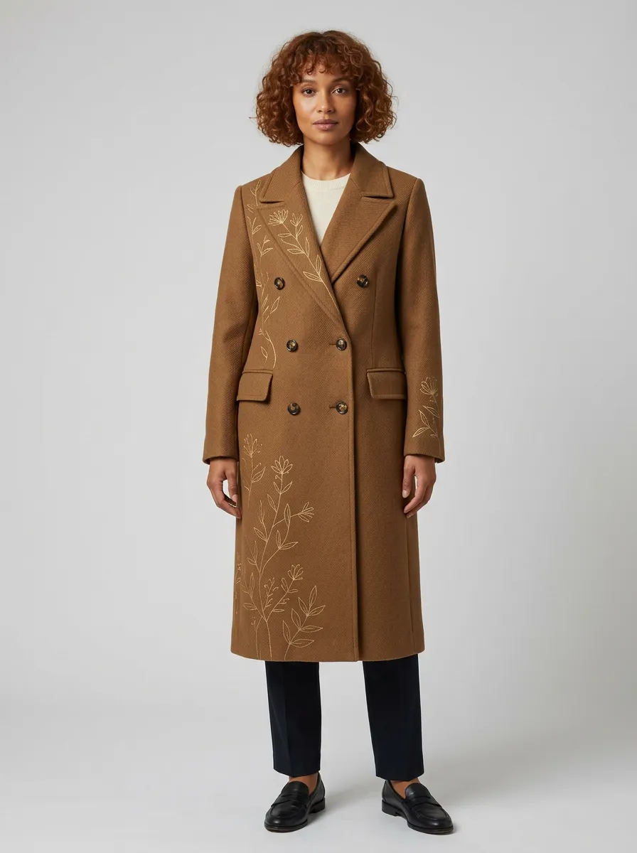 Women's Botanical Gold Floral Printed Wool Coat