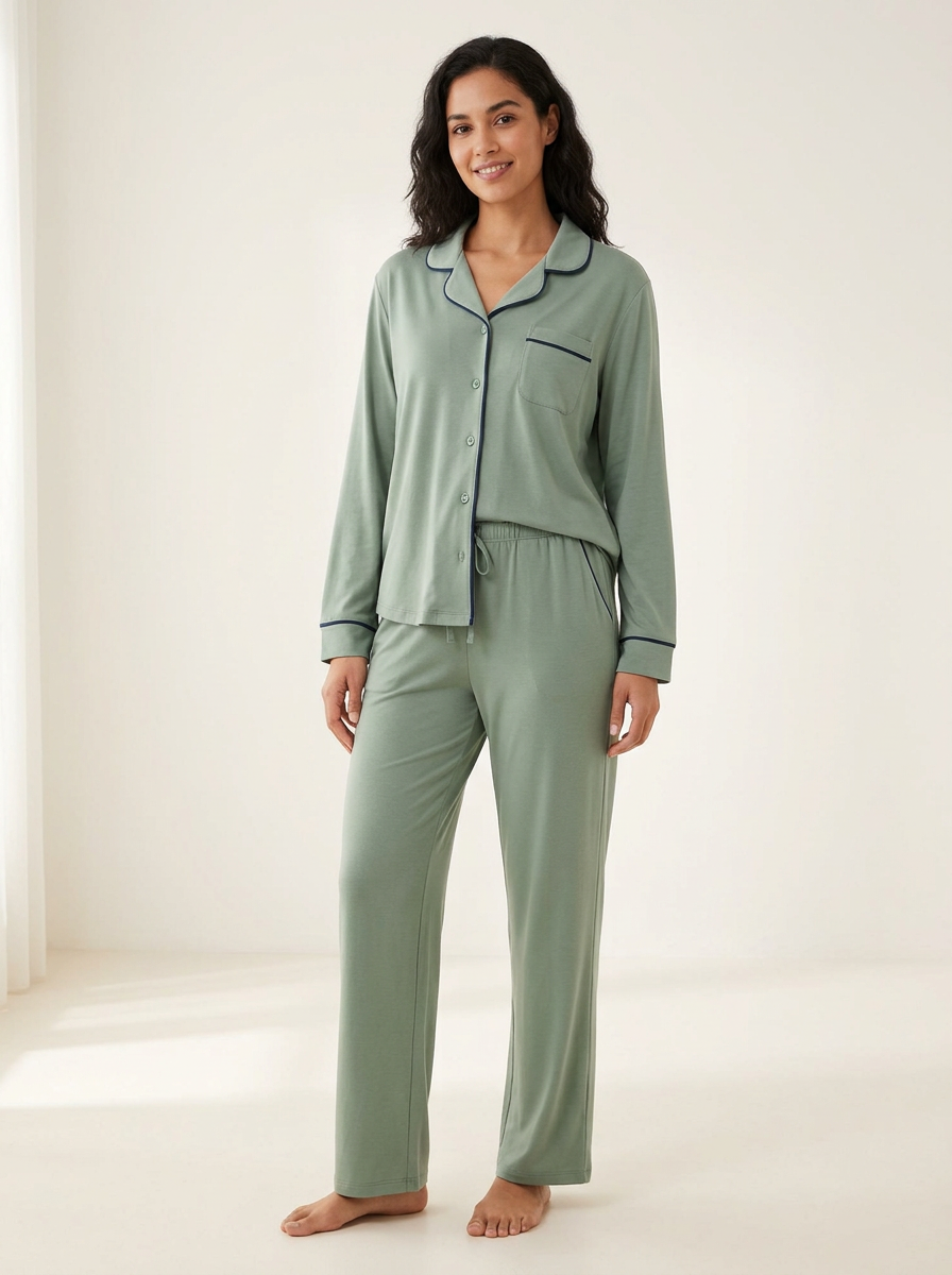 Women's Standard-Rise Piped Button-Down Pajama Set