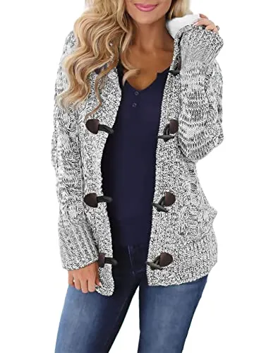 Womens 2025 Winter Hooded Cardigans Button Up Cable Knit Sweater Coat Outerwear with Pockets