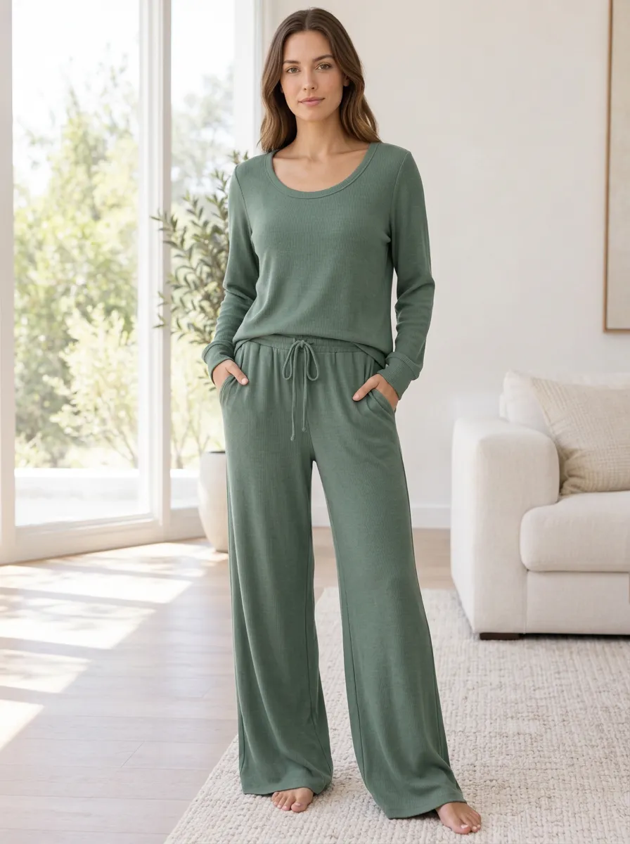 Women's Laid Back Homewear Ribbed Knit Wide Leg Lounge Co-Ord