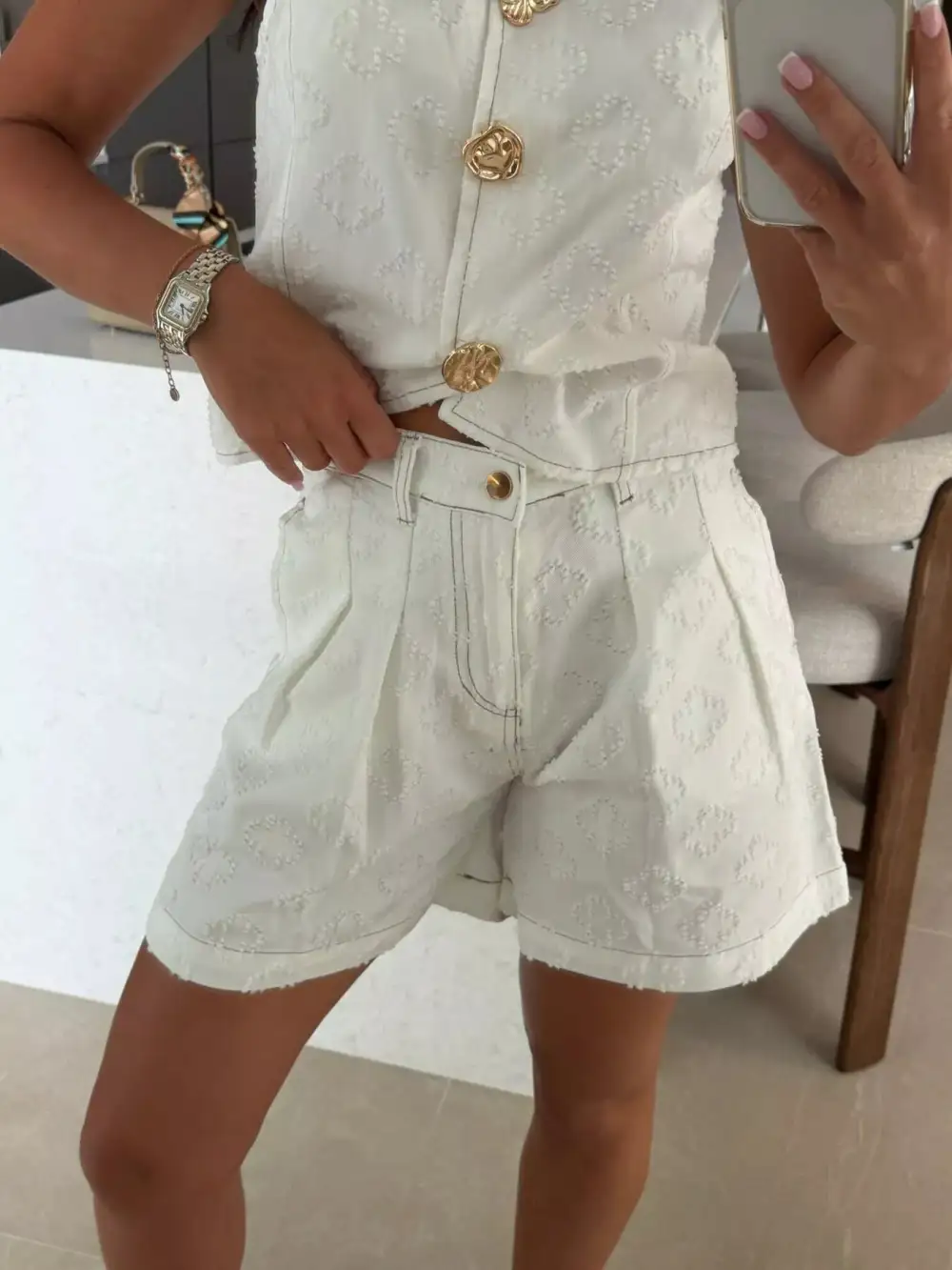Raw-Hem Denim Embossed Vest and Shorts Matching Set