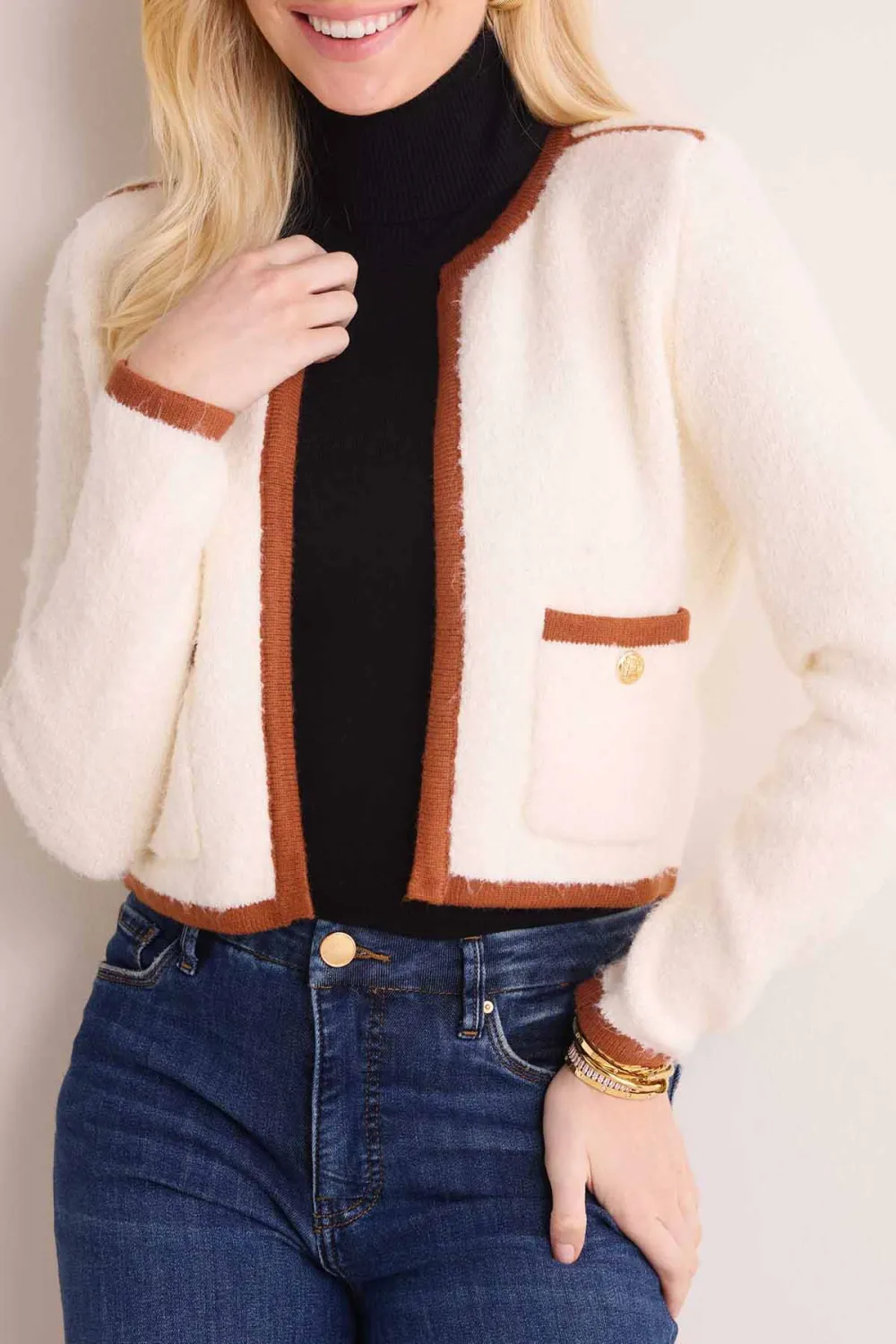 Cream Contrast Trim Cropped Cardigan
