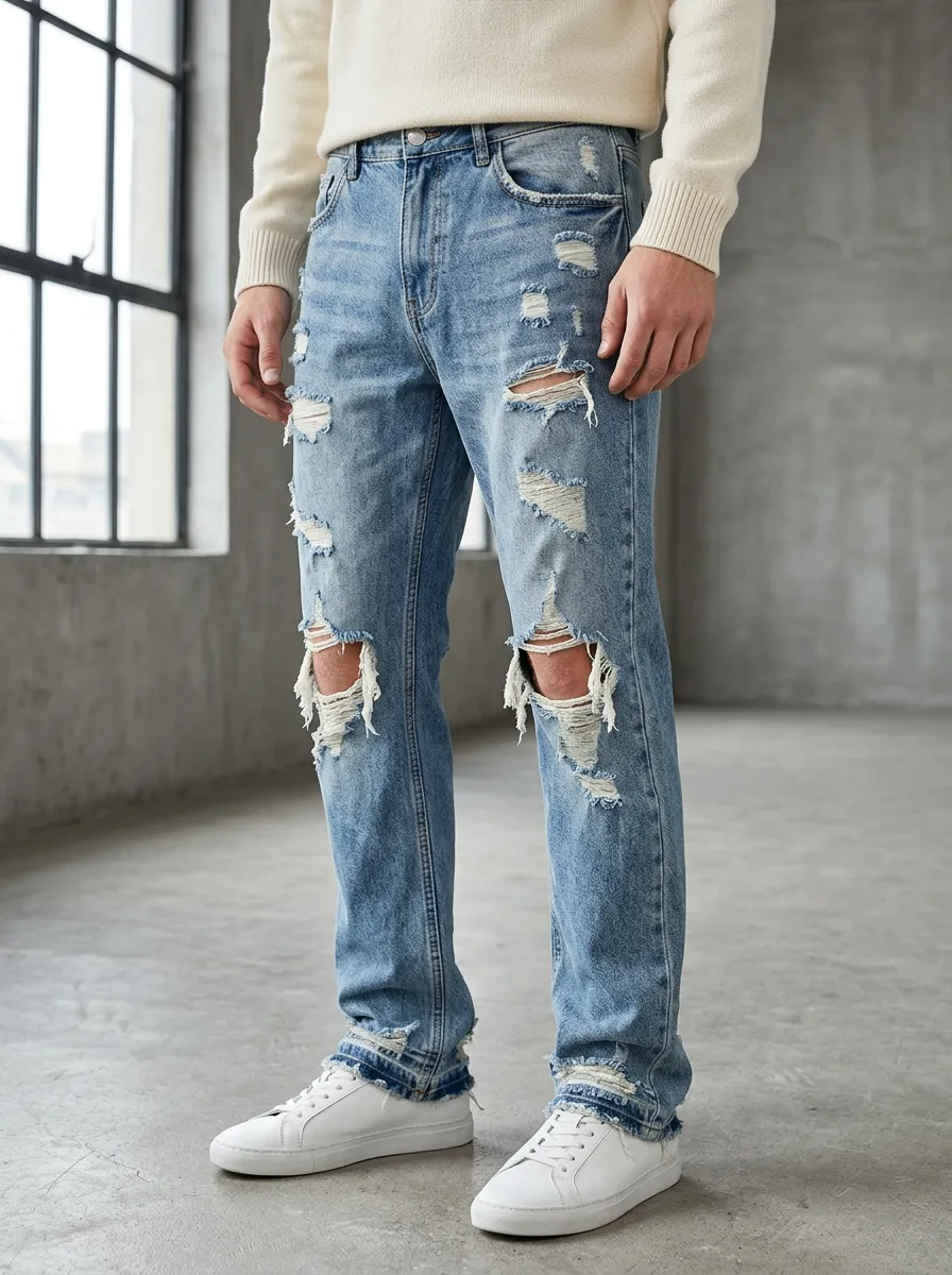 Men's Distressed Ripped Light Wash Denim Jeans