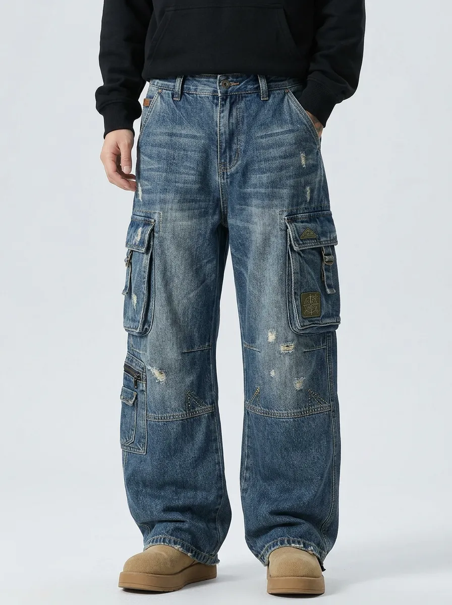 Men's Distressed Denim Patchwork Multi-Pocket Cargo Pants