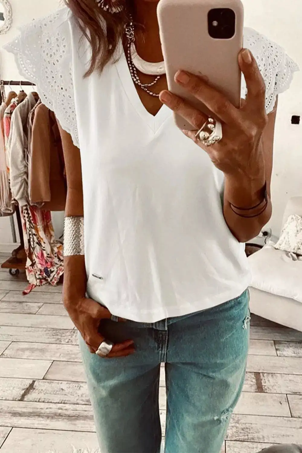 Eyelet Embroidered Flutter Sleeve Patchwork V Neck