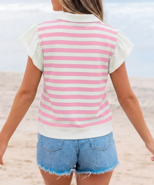 Pink Stripe Collar V Neck Ruffled Short Sleeve Blouse