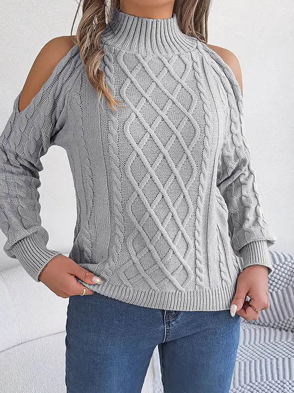 Openwork Cold Shoulder Long Sleeve Relaxed Fit Pullover Sweater