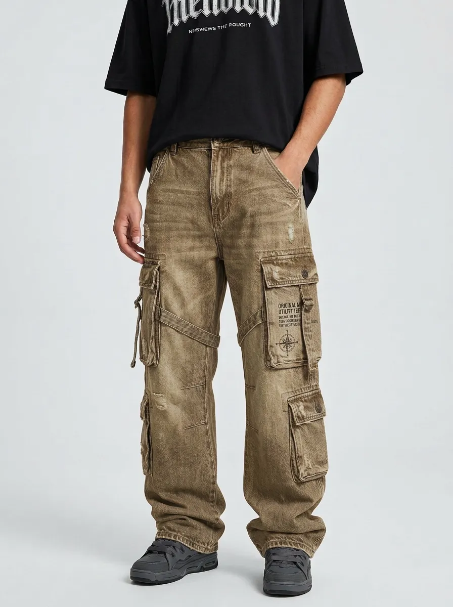 Men's Mid-Blue Compass Detail Relaxed Denim Cargo Pants