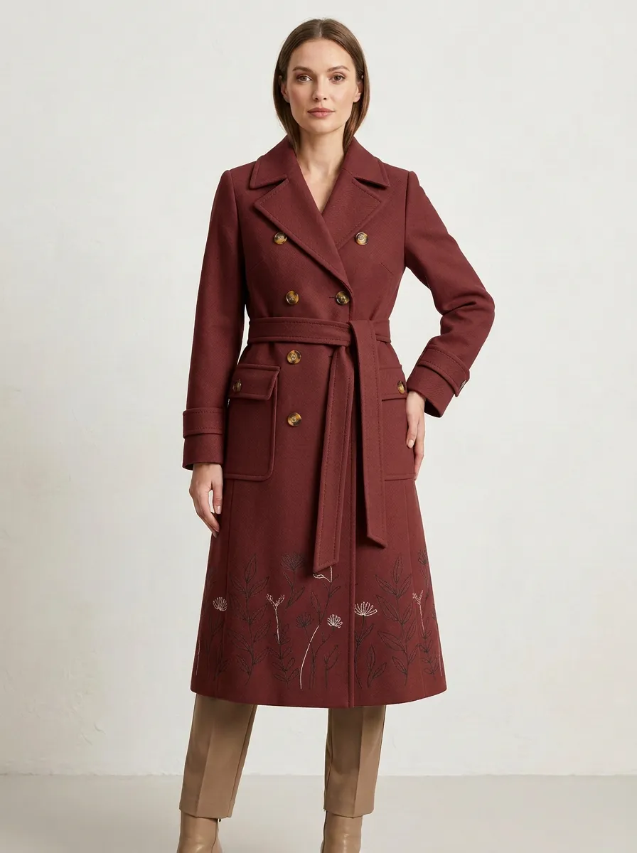 Women's Botanical Floral Line Art Printed Trench Coat