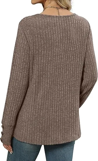 Women's V-Neck Long Sleeve Knit Sweater | Lightweight | Oversized Loose Fit Sweater for Layering