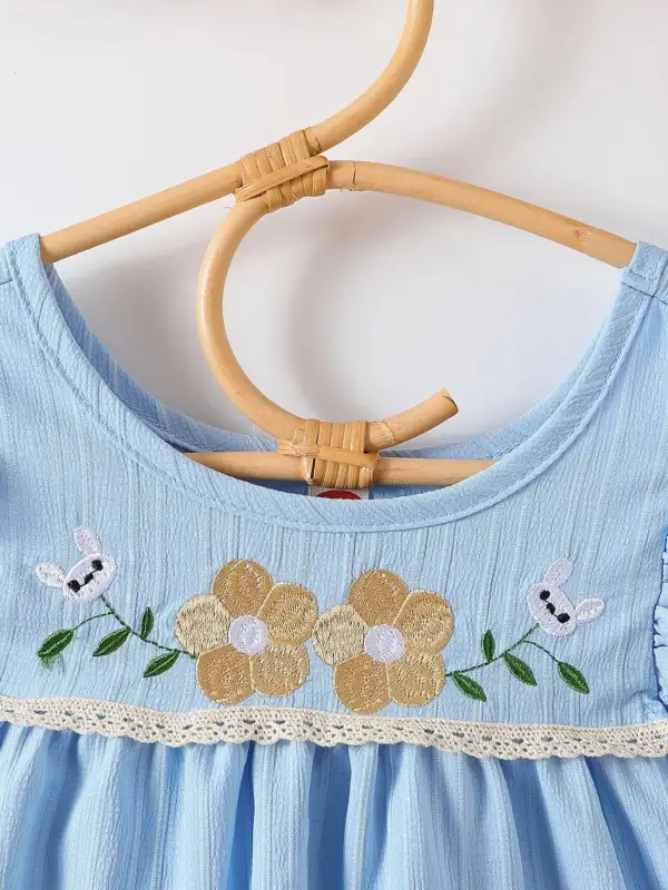 Girls Embroidered Ruffled Hem Dress