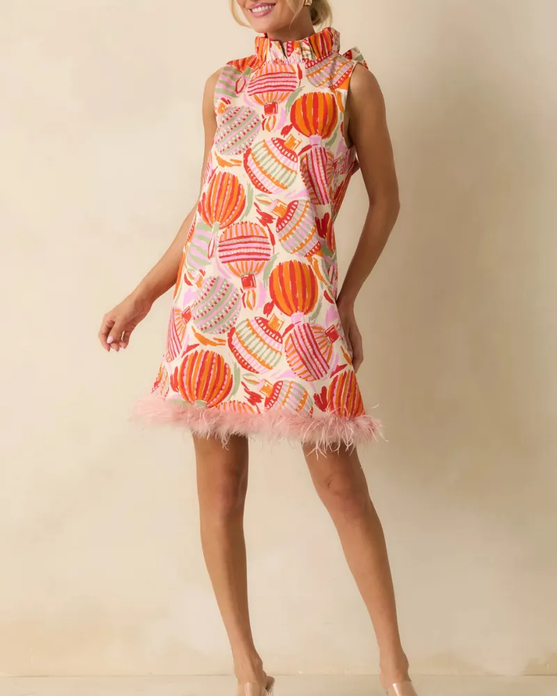Ruffled Printed Mini Tie Detail Dress