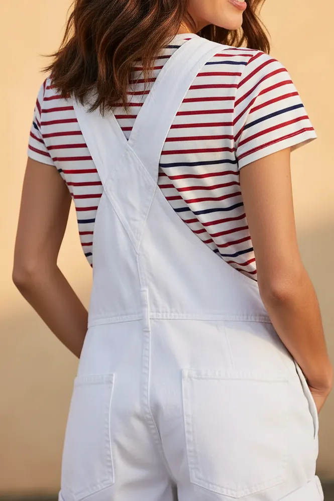 Wide Strap Square Neck Denim Overalls Crisscross Back Bib