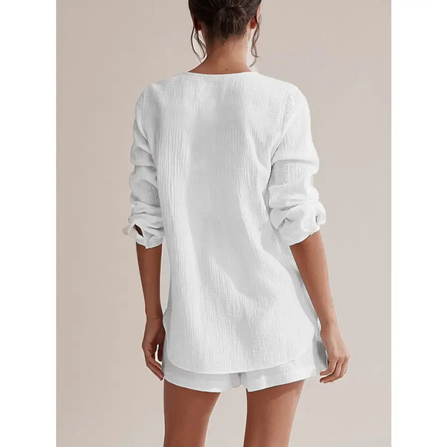 Relaxed Notched Long Sleeve Top and Shorts Set