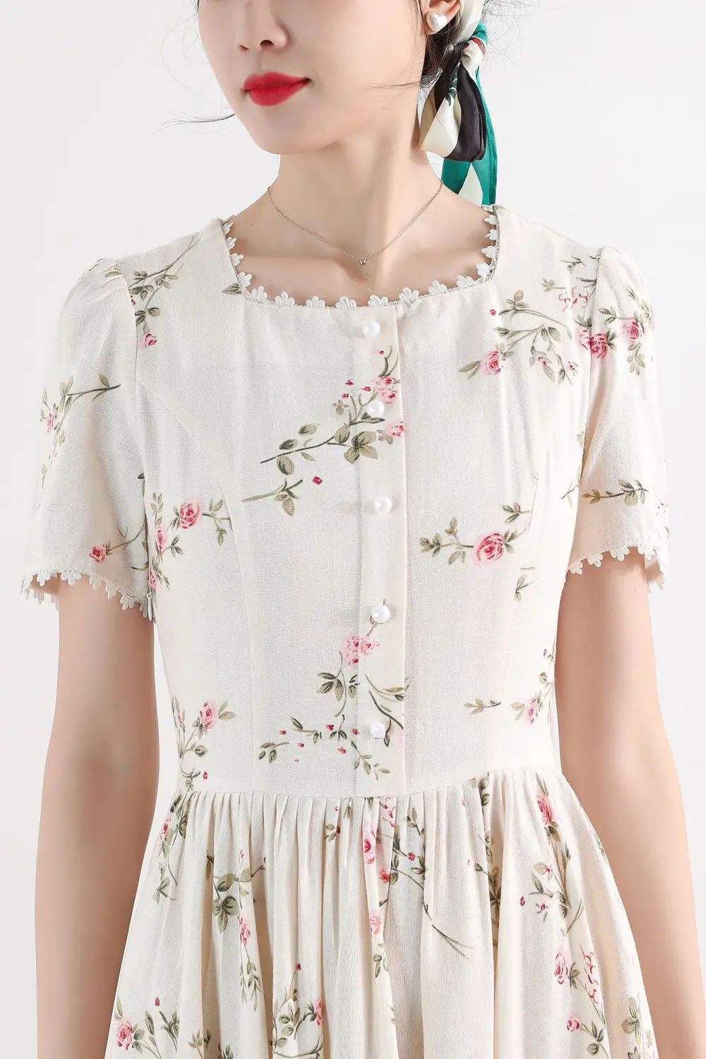 Refined Floral Linen Cotton A Line Short Sleeve Maxi Dress